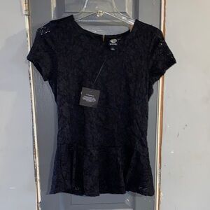 Bobeau Navy Lace Peplum Blouse